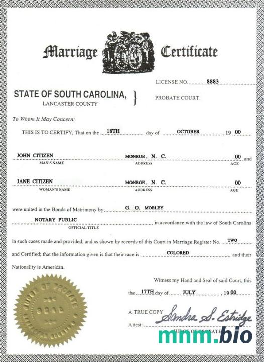 USA South Carolina akt małżeństwa szablon w formacie PSD